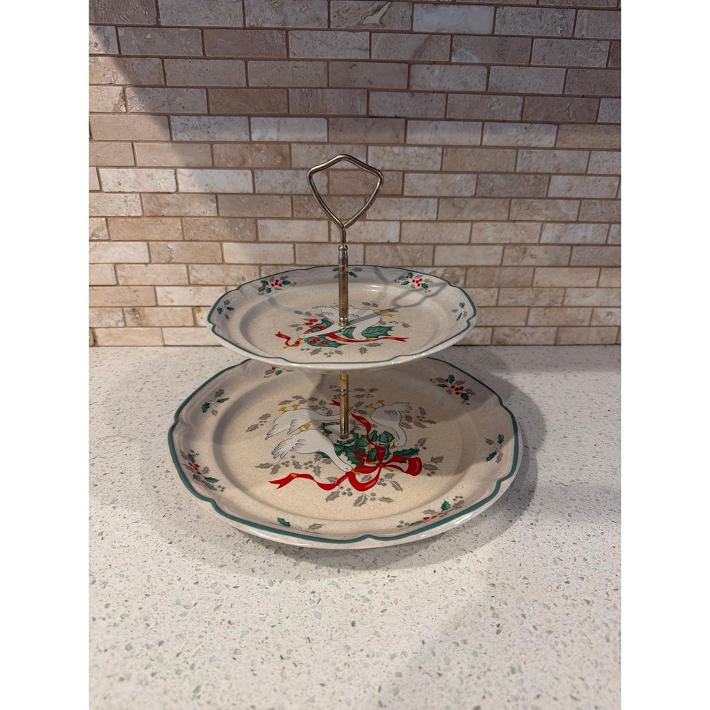 Marmalade Christmas Geese 2 Tier Serving Plate‎ Red Ribbon Holiday